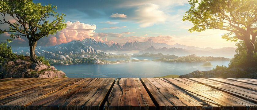 3D rendered scene of a wooden table top with panoramic views of lake, river.