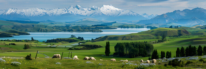 Road less traveled: A Serene Vista of New Zealand's Landscapes featuring Green Pastures, Azure Waters, and Snow-Capped Peaks - obrazy, fototapety, plakaty