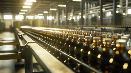 The conveyor belt is full of bottles. - obrazy, fototapety, plakaty