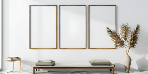 Blank three picture frame mock up on white wall with a wooden bench and a table with a vase of feathers on it.Modern living room design
 - obrazy, fototapety, plakaty