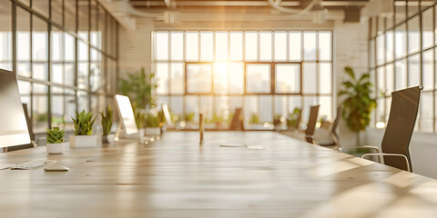 Bokeh blurry background a conference empty room sun glare with a view of a cityscape in the background
 - obrazy, fototapety, plakaty