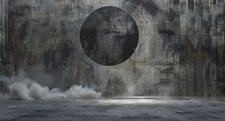 Abstract industrial background with circular metal design and smoke