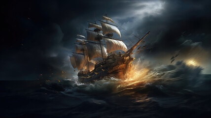 18th century sailing ship in stormy ocean with waves and stormy sky - obrazy, fototapety, plakaty