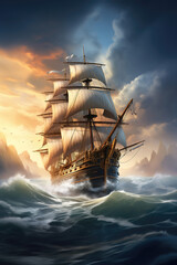18th century sailing ship in ocean with waves and sky. Adventure and travel - obrazy, fototapety, plakaty