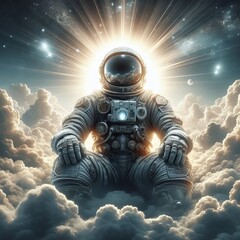 An astronaut in a meditative lotus position is suspended above a sea of clouds, backlit by a radiant sun and distant stars.. AI Generation - obrazy, fototapety, plakaty