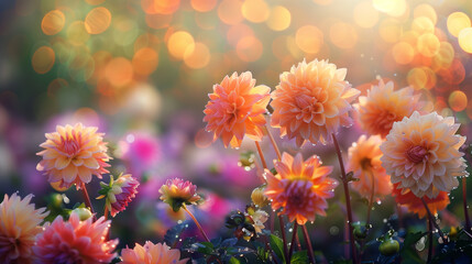 Fototapeta na wymiar Golden Dewy Flowers with Soft Bokeh Effect at Sunrise