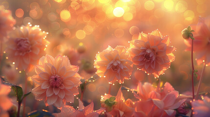 Golden Dewy Flowers with Soft Bokeh Effect at Sunrise - obrazy, fototapety, plakaty
