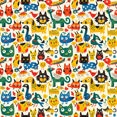Obraz premium Colorful quirky cat cartoon pattern