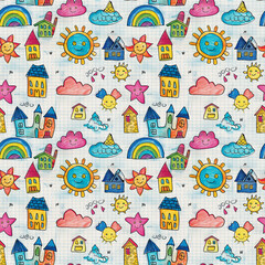 Children's playful hand-drawn cityscape pattern