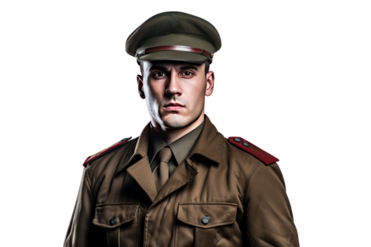 Male soldier wearing military uniform , Isolated on transparent background.