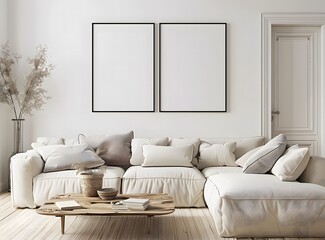 mockup of two empty black picture frames on the wall above a white sofa in an elegant living room