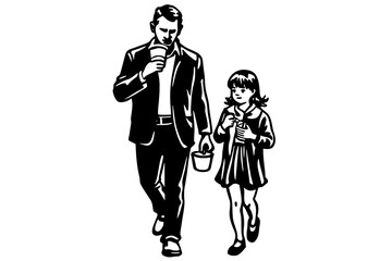 ad-and-daughter-eat--walk-on-the street vector illustration 
