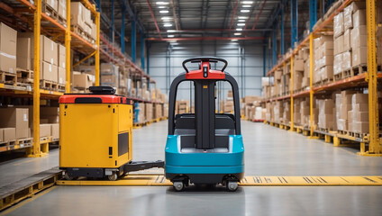 A yellow automated guided vehicle is in a warehouse with tall shelves.

 - obrazy, fototapety, plakaty