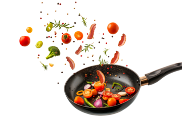 Vegetables fall into a black frying pan on a transparent background. Healthy food concept
