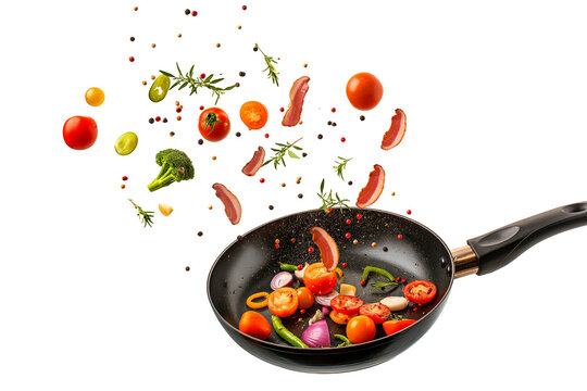 Vegetables fall into a black frying pan on a transparent background. Healthy food concept