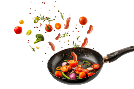 Vegetables fall into a black frying pan on a transparent background. Healthy food concept