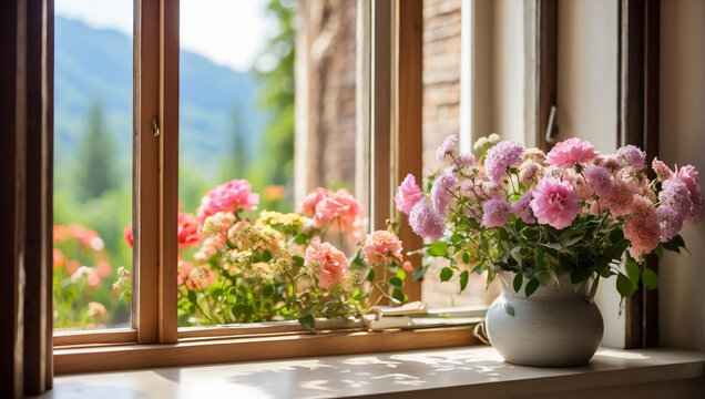 Two vases of flowers sit on a window sill.


