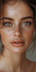 Close up of a woman with freckles on her face