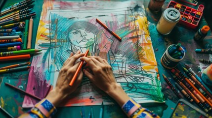 Kidult drawing with colorful pencils, creativity art therapy concept, art education, top view