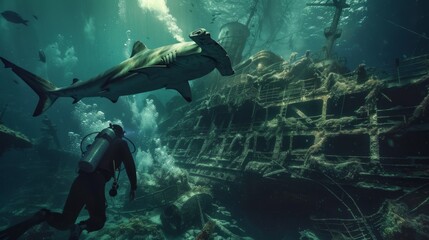 Fototapeta premium Underwater scene of diver exploring sunken shipwreck with patrolling shark in the ocean depths