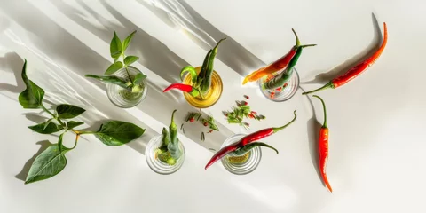 Poster High-angle shot of chili peppers and spices scattered with glasses, great for culinary arts. © mashimara
