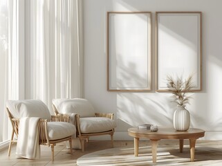 modern living room with three blank picture frames on the wall, mockups