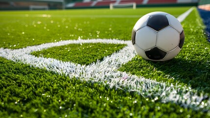 A soccer ball rests on the vibrant green synthetic artificial grass of a soccer sports field