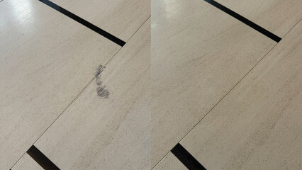 Before and after, stain removal and cleaning of oil stains on an indoor marble floor