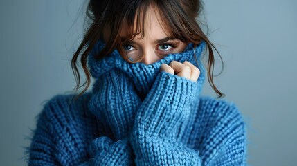 A woman wearing a blue turtleneck knitted sweater with eyes downcast as she covers her sad face with her hands