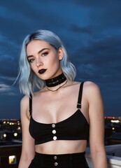 a woman with blue hair wearing a black top and chocker standing on a roof top with a city in the backgroun