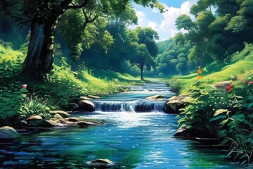 peaceful river flowing through a lush tropical forest
