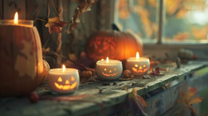 Halloween candlelit ambiance with jack-o'-lanterns, ideal for festive decor themes.
