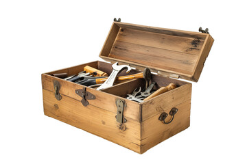 Set of handyman tools in wooden box isolated on transparent background