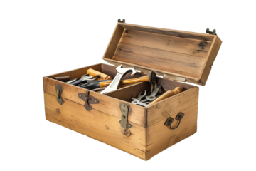 Set of handyman tools in wooden box isolated on transparent background