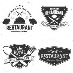 Set of Restaurant shop, menu logo. Vector Illustration. Vintage graphic design for logotype, label, badge with plate, cloche with lid, fork and knife. Cooking, cuisine logo for menu restaurant or cafe