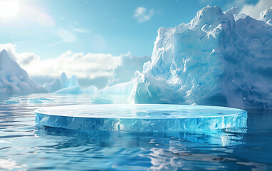 iceberg crystal podium stage over frozen water with snow mountain background
