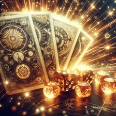 Enchanted gaming dice and tarot cards with ethereal light beams, invoking a sense of magic and destiny.. AI Generation