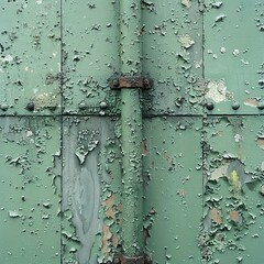 Close up of a green door with peeling paint