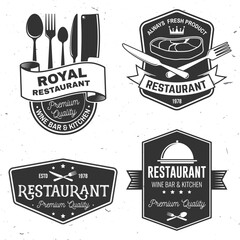 Set of Restaurant shop, menu logo. Vector Illustration. Vintage graphic design for logotype, label, badge with plate, steak, cloche with lid, fork and knife. Cooking, cuisine logo for menu restaurant - 784287941