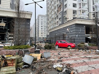 BUCHA, UKRAINE - April 1, 2022: War of Russia against Ukraine. A residential buildings were damaged...