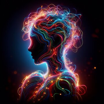 A side profile of a human figure depicted as a vibrant neural network with multicolored connections.. AI Generation