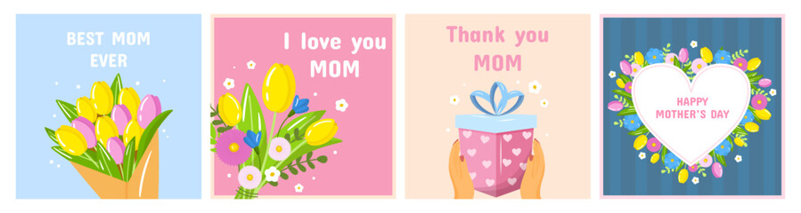 Vector happy mother's day flower greeting card template set. Spring holiday posters, box gift with tulips flowers on pink background. Square backdrop invitation, flyer, brochure for event.