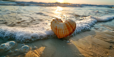 Seaside love Heart etched on beach sand with backdrop of rolling waves at sunset,