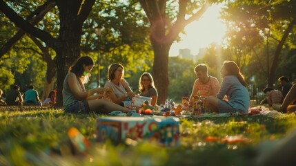 Relaxed outdoor gathering with people picnicking in the golden hour sunlight.