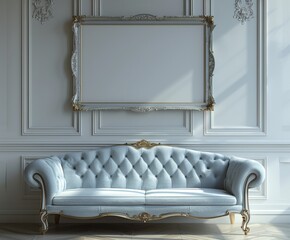 Blue couch in front of white wall