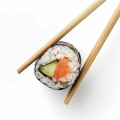 A single sushi roll held by wooden chopsticks against a white background, highlighting the ingredients and simplicity.