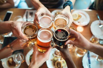 Family and friends toasting with beer, wine, and cola, celebrating together in a cheerful restaurant