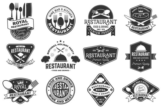 Set of Restaurant logo. Vector Illustration. Vintage graphic design for logotype, label, badge with plate, steak, cloche with lid, fork and knife. Cooking, cuisine logo for menu restaurant or cafe.