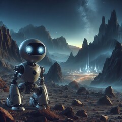 A solitary robot sits amidst a stark alien landscape, with towering spires under a starlit sky.. AI Generation