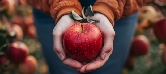 A farmer's hands holding red apples in an apple orchard, ready for picking and packaging into ceramic pots for home gardening or cooking.  Closeup of hands holding red apples in an apple orchard - obrazy, fototapety, plakaty